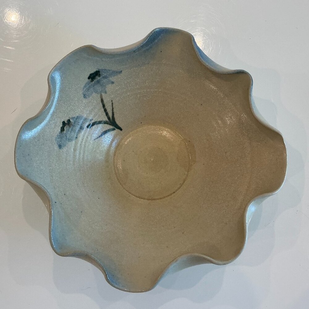 Ruffle Edge Hand Painted Ceramic Bowl, Signed, Blue Flower